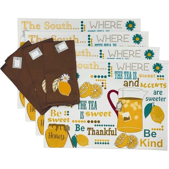 Set of 4 Placemats and Napkins Simply Southern Set SWEET TEA Lemons and Daisies - Picture 12 of 15